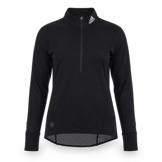 Front view of Adidas women’s black cycling 1/4 zip long sleeve top, size M