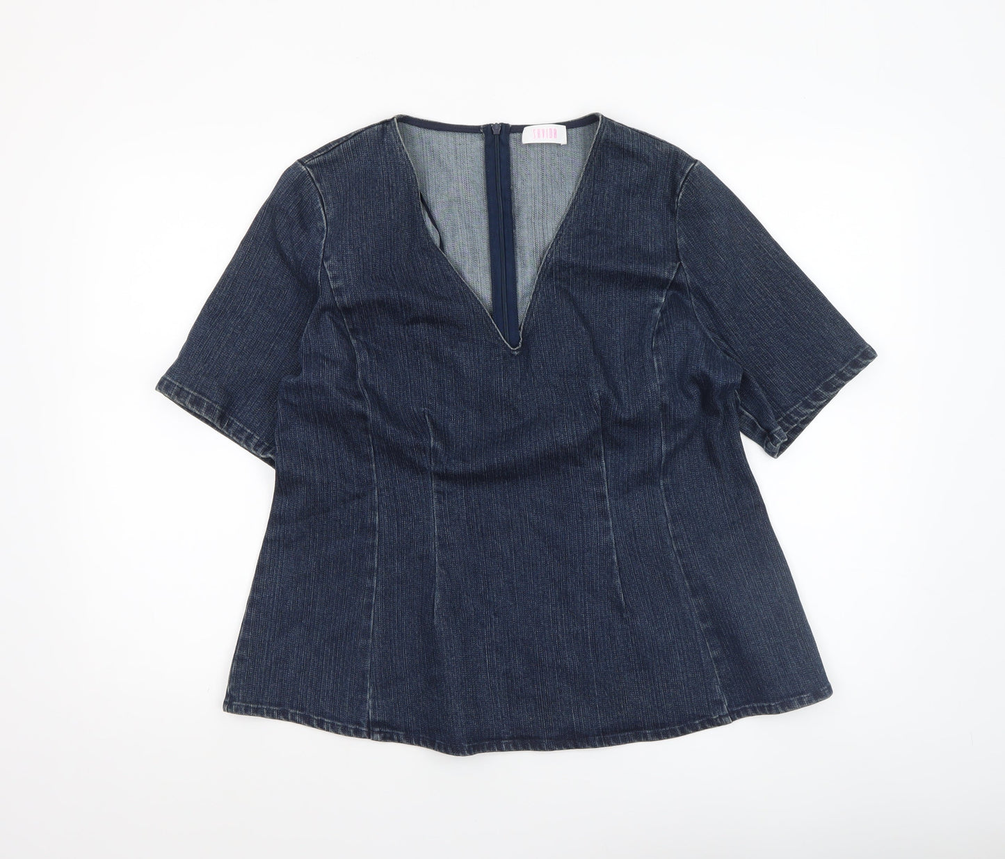 Savida Women Blue Denim V-Neck Short Sleeve Blouse UK 14