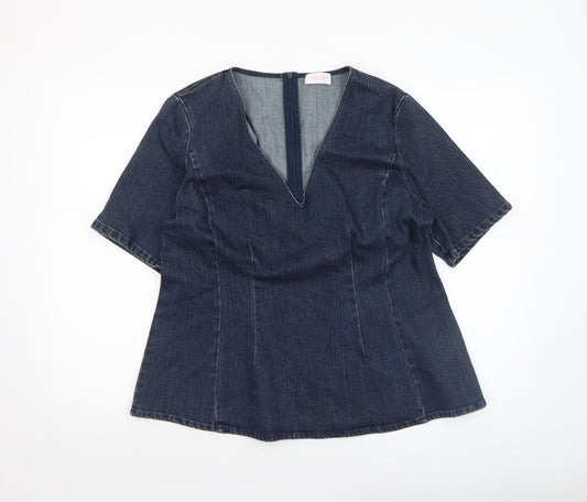 Savida Women Blue Denim V-Neck Short Sleeve Blouse UK 14