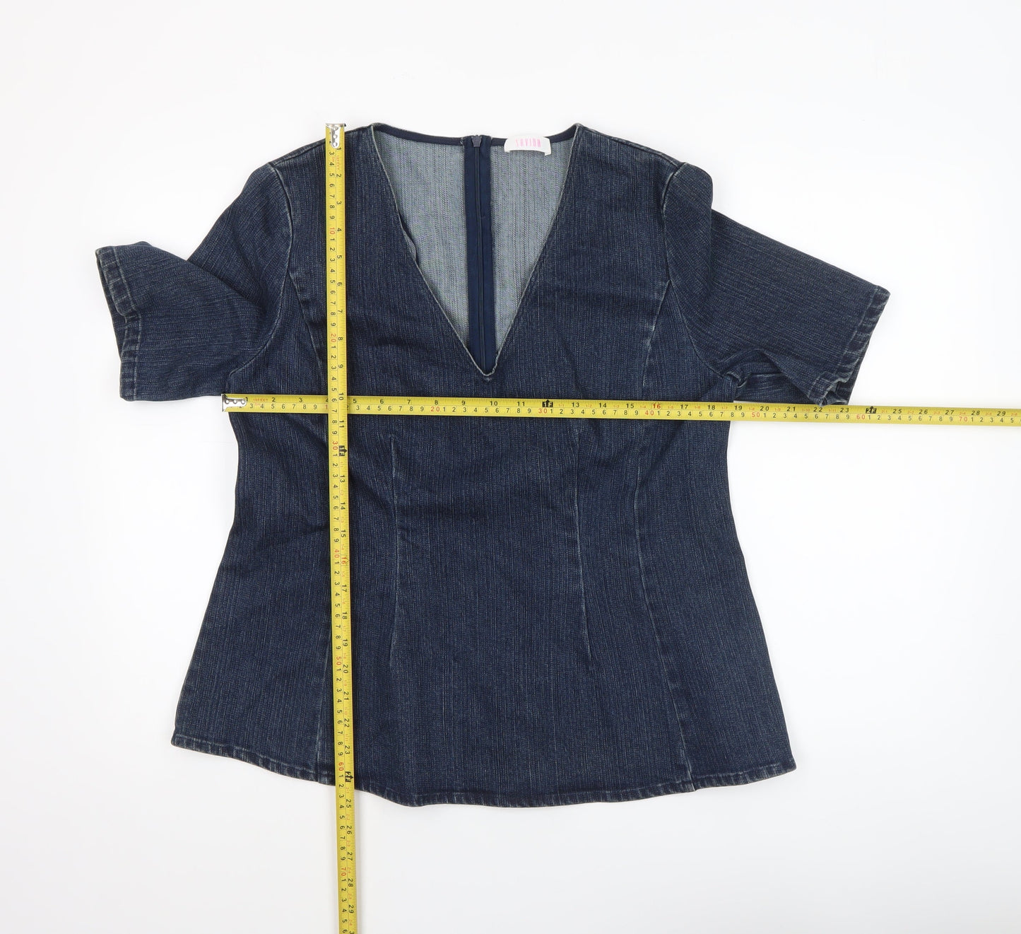 Savida Women Blue Denim V-Neck Short Sleeve Blouse UK 14