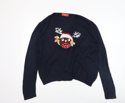 Primark Women's Blue Christmas Sequin Pullover Jumper Size S