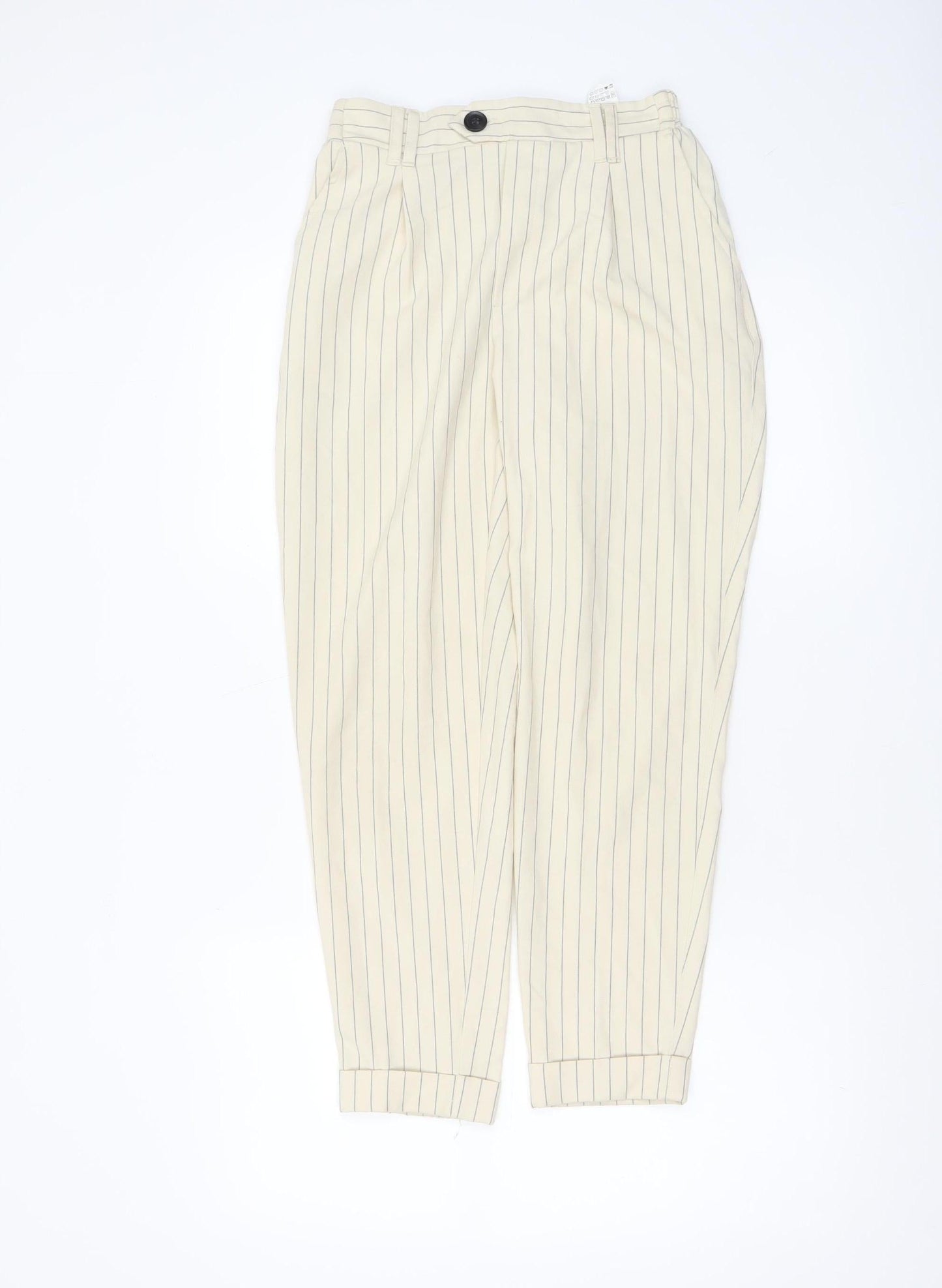 Bershka Women Beige Striped Chino Trousers Size 8 Tapered Fit