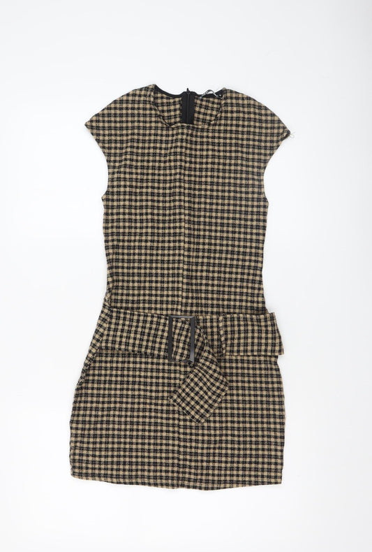 Zara Women Beige Check Short Sheath Belted Dress Size 8