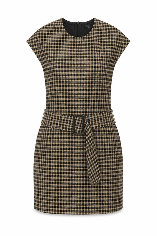 Zara Women Beige Check Short Sheath Belted Dress Size 8