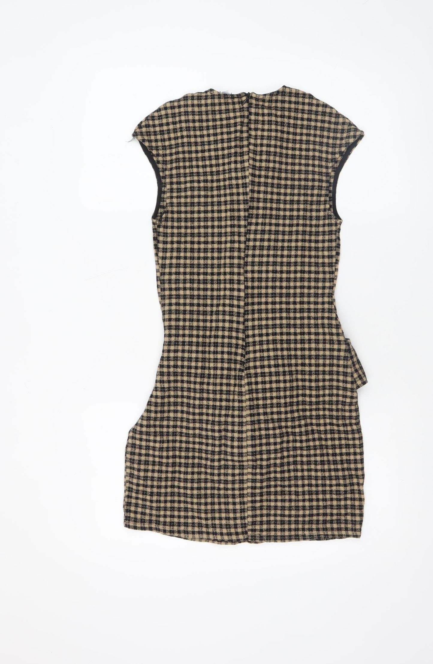 Zara Women Beige Check Short Sheath Belted Dress Size 8
