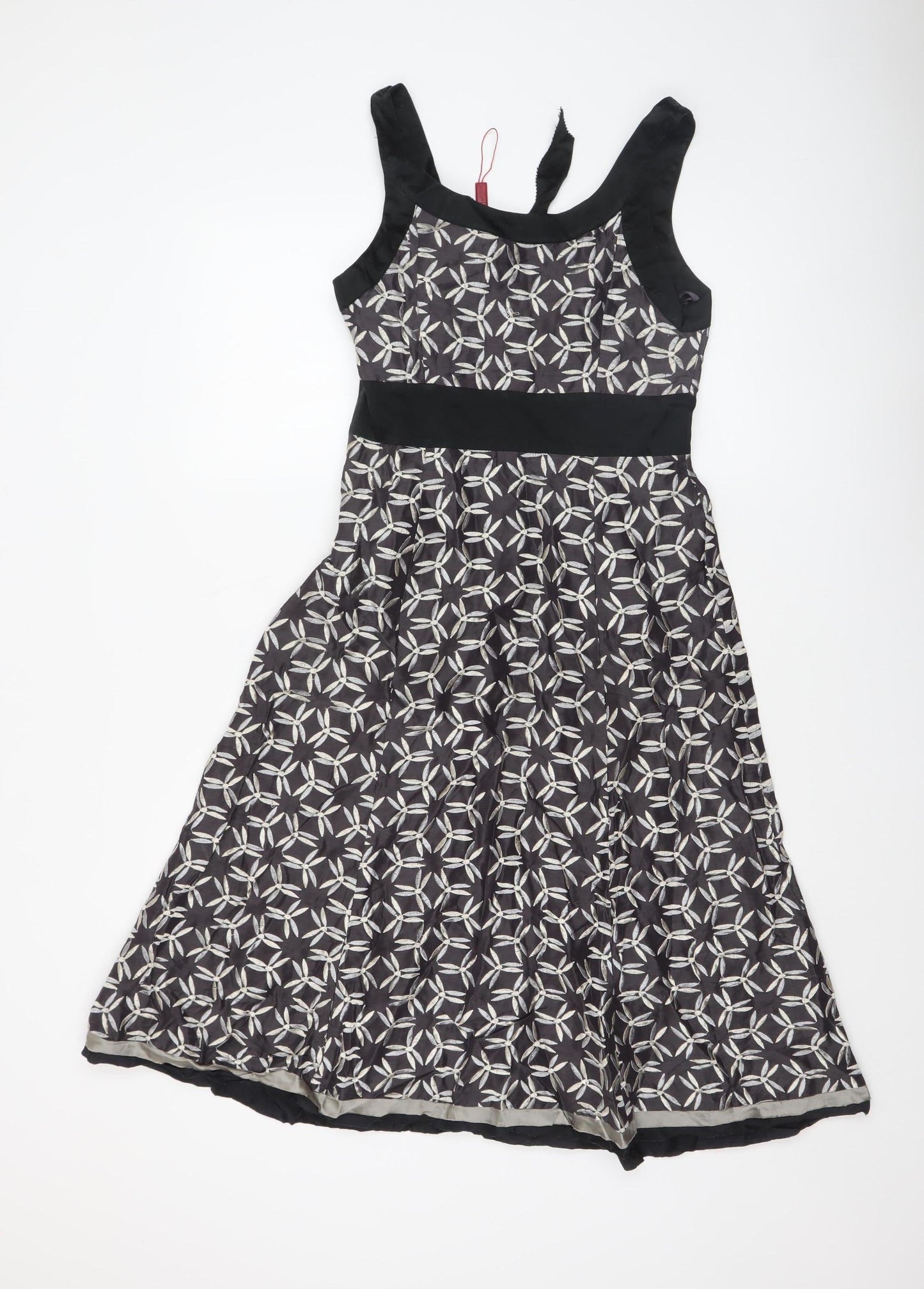 Monsoon Women’s Black Geometric A-Line Dress Size 8 Linen Silk