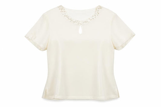 Jacques Vert Women’s Ivory Beaded Short Sleeve Satin Blouse Size 16