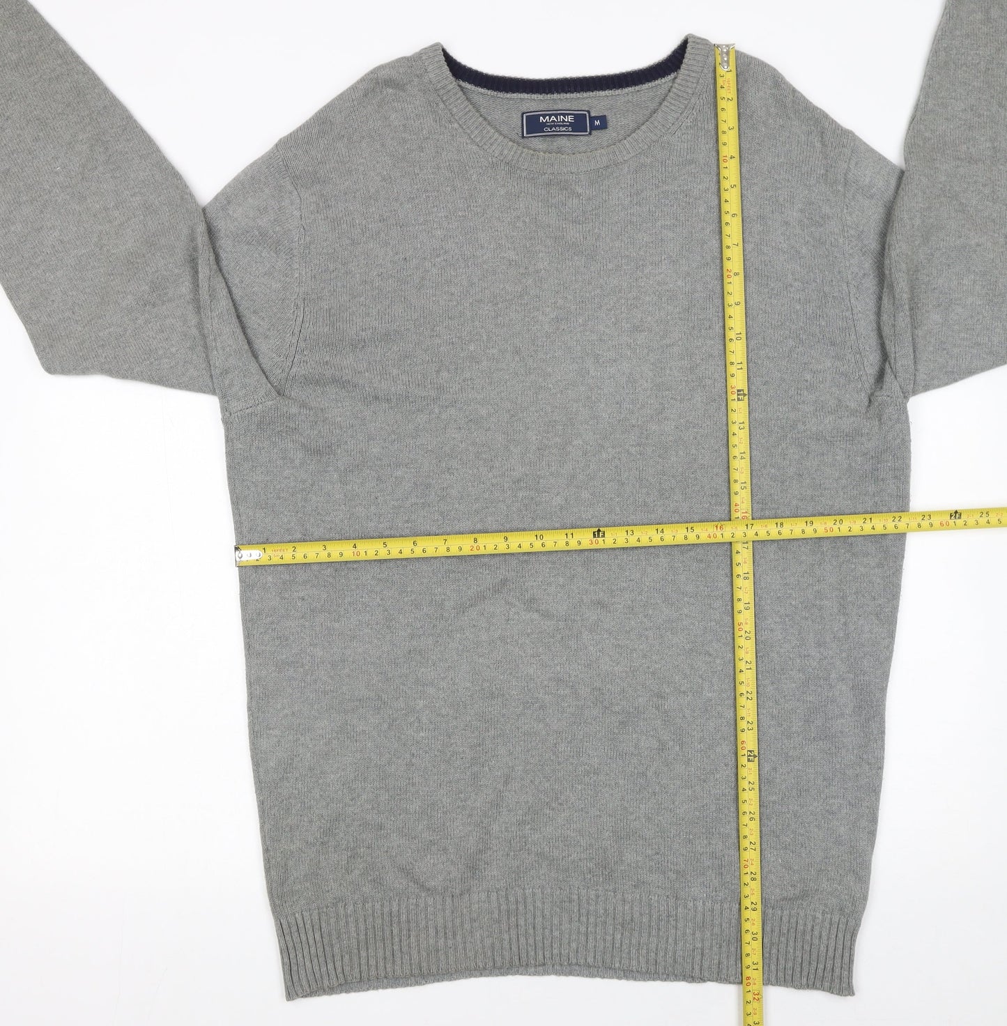 Maine New England Men’s Grey Cotton Crew Neck Jumper M Classic Knitwear