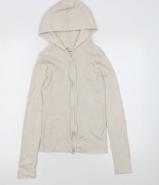 Stradivarius Womens Beige Slim Fit Hooded Full Zip Knit Jumper Size M