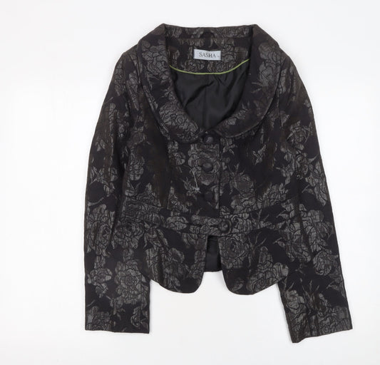 Sasha Womens Black Floral Jacquard Blazer Size 10 Formal Fitted Jacket