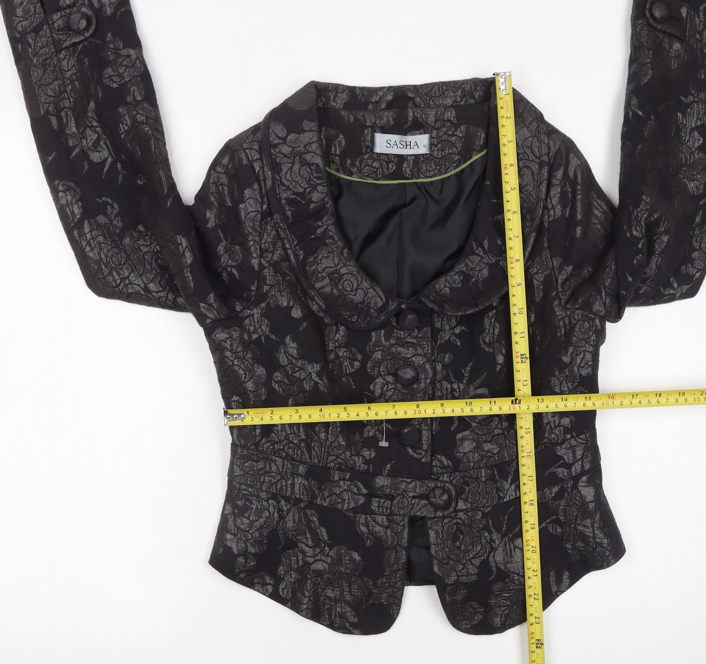 Sasha Womens Black Floral Jacquard Blazer Size 10 Formal Fitted Jacket
