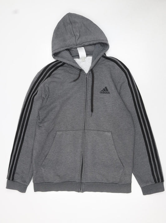 Adidas Men Grey Full Zip Hoodie L Logo Sportswear