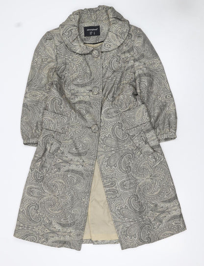 Additional front view of Atmosphere women’s grey paisley long trench coat, size UK 12