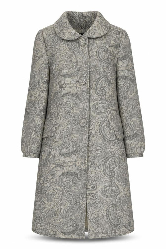 Front view of Atmosphere women’s grey paisley long trench coat, size UK 12