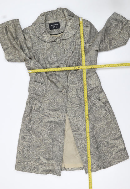 Back view of Atmosphere women’s grey paisley long trench coat, size UK 12