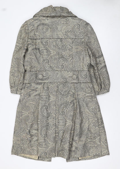 Close-up detail of Atmosphere women’s grey paisley long trench coat, size UK 12