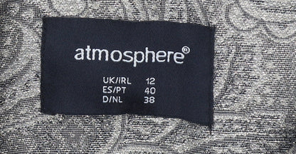 Brand and care label for Atmosphere women’s grey paisley long trench coat, size UK 12