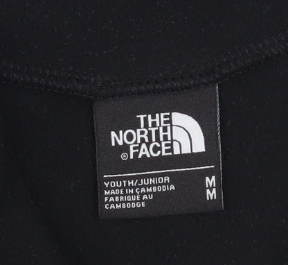 Brand and care label for The North Face boys’ black fleece 1/4 zip pullover sweatshirt, size M
