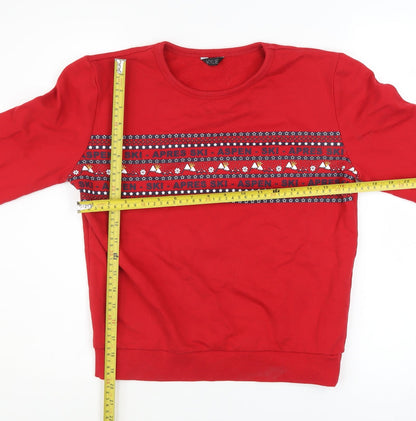 Back view of M&Co girls’ red ski fair isle pullover sweatshirt 15 years