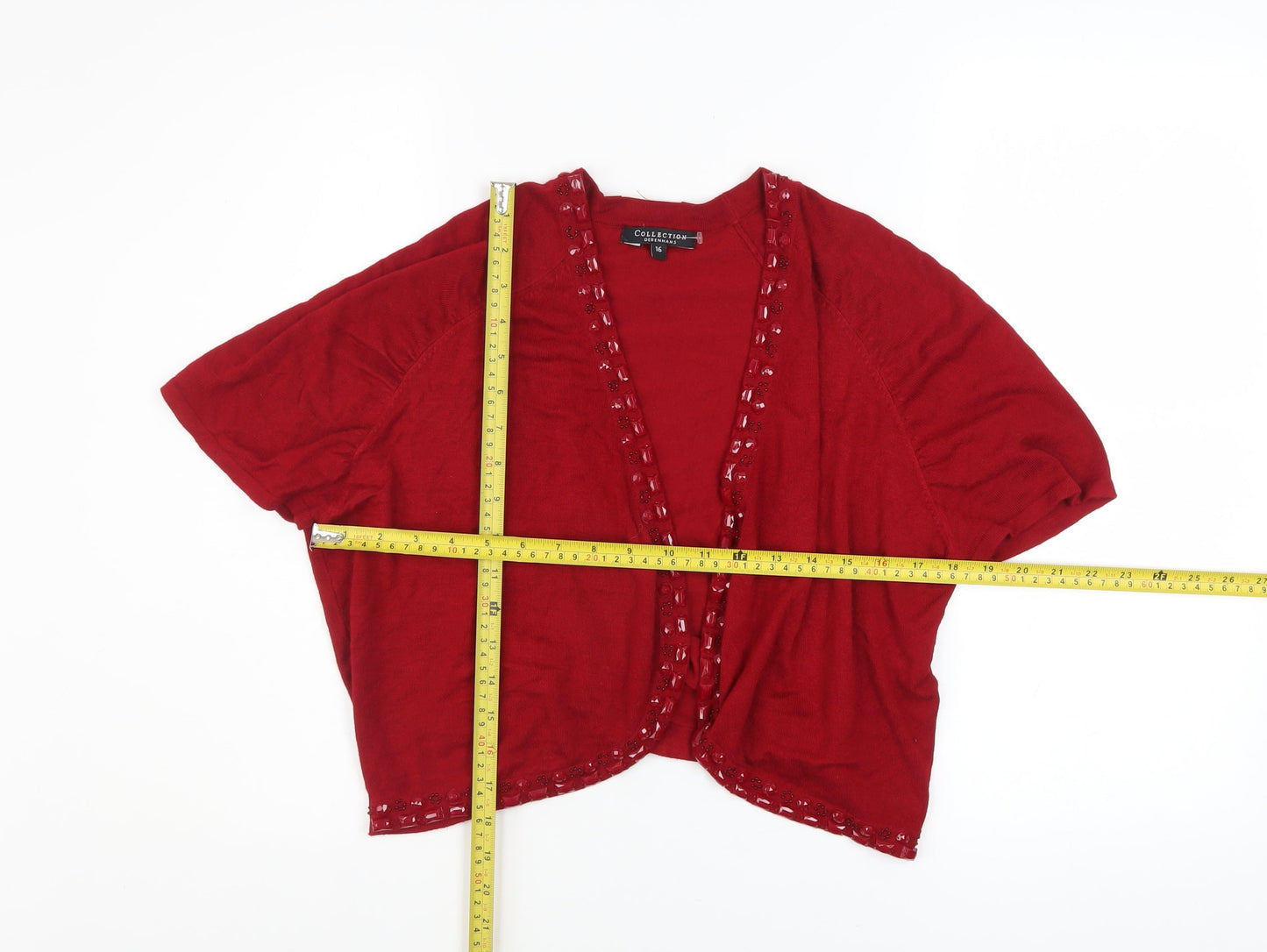 Debenhams Women Red Beaded Open Knit Shrug Size 16