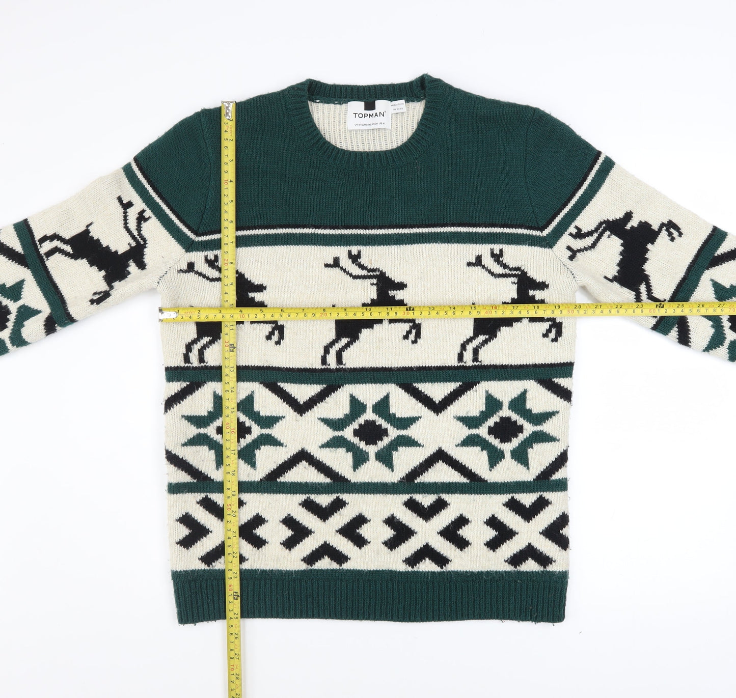Topman Men’s Green Christmas Reindeer Fair Isle Wool Blend Jumper M