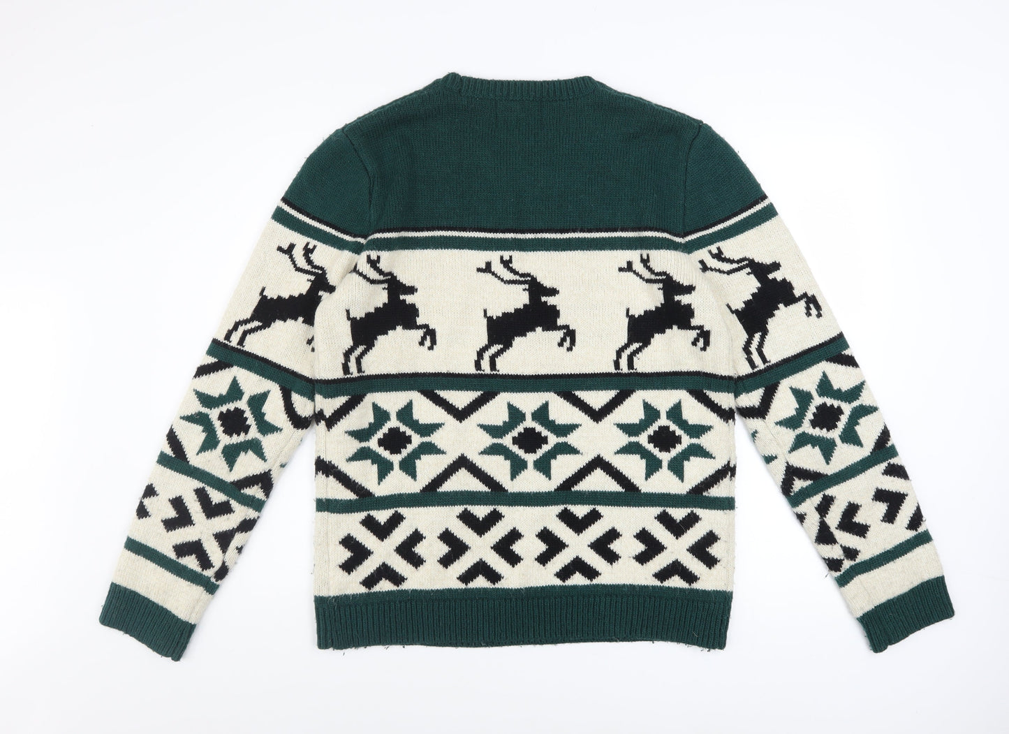 Topman Men’s Green Christmas Reindeer Fair Isle Wool Blend Jumper M