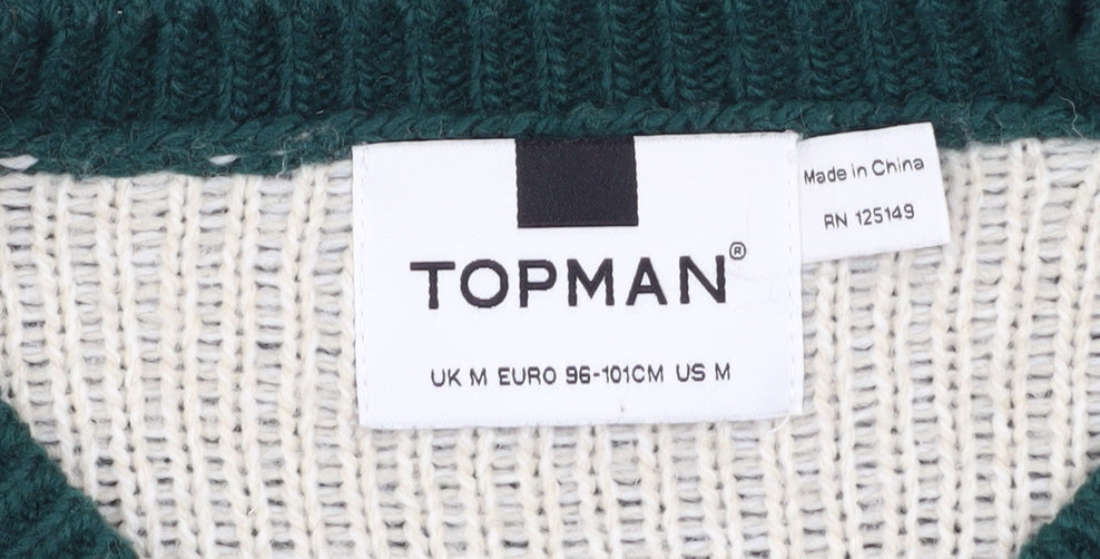 Topman Men’s Green Christmas Reindeer Fair Isle Wool Blend Jumper M