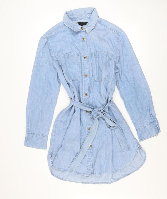 ASOS DESIGN Womens Blue Denim Shirt Dress UK 10 Long Sleeve Belted