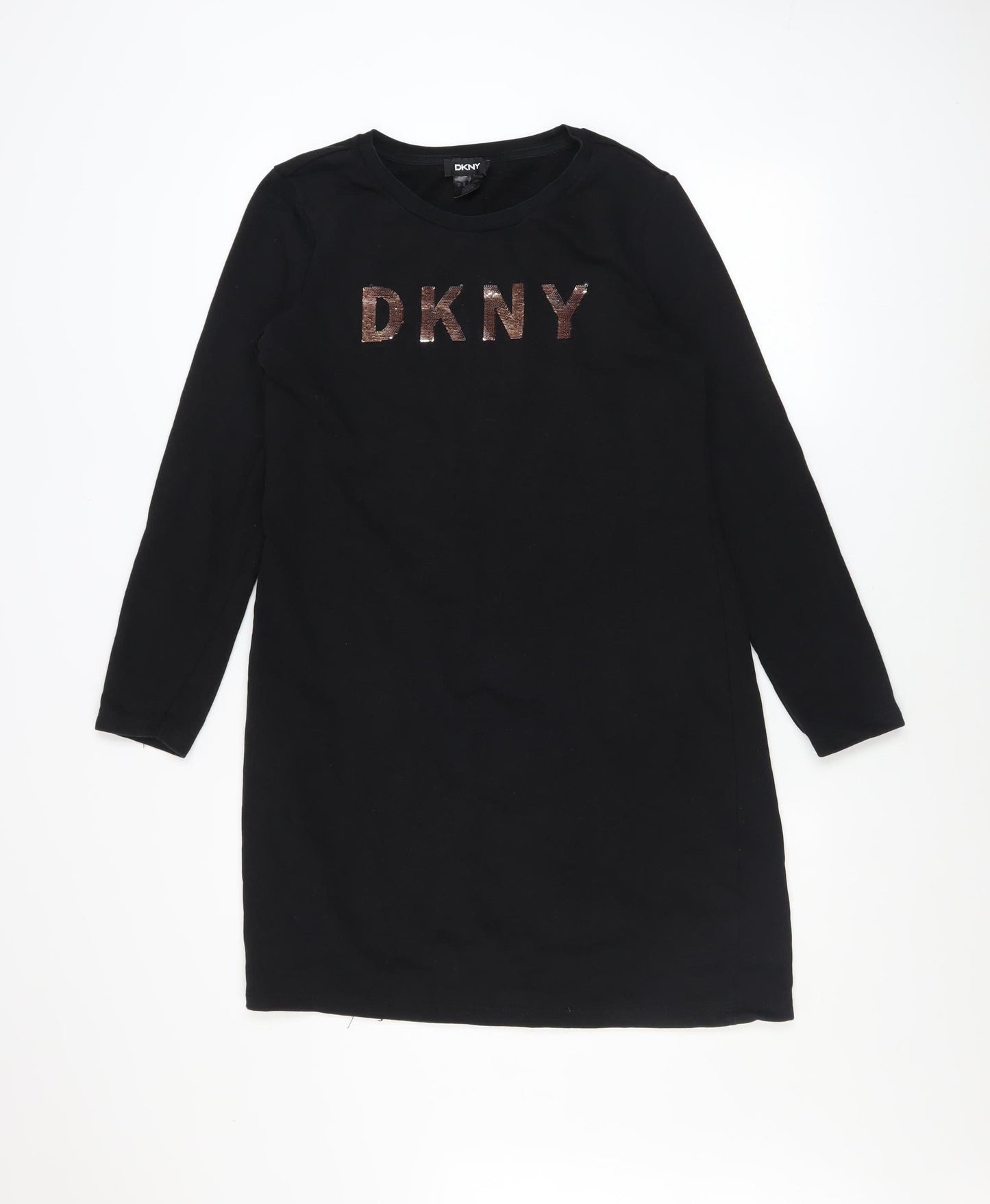 DKNY Womens Black Sequin Logo Long Sleeve T-Shirt Dress Size 12