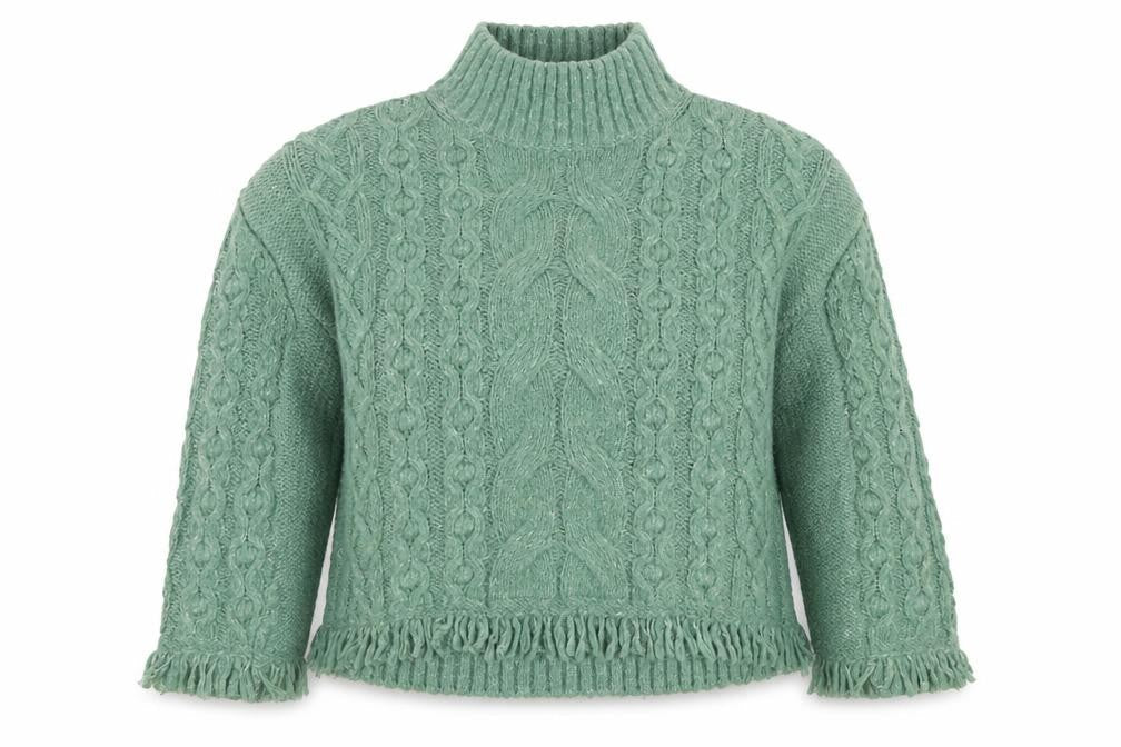 Marks & Spencer Women Green Cable-Knit Roll Neck Fringe Jumper M