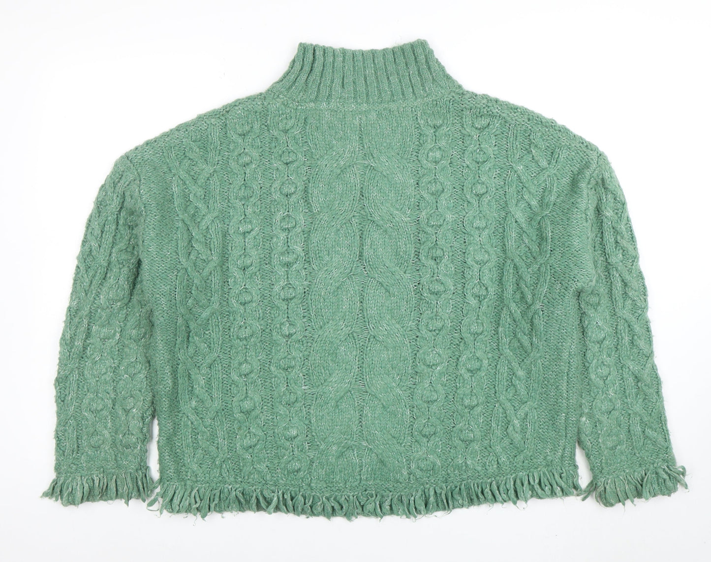 Marks and Spencer Women Green Cable-Knit Roll Neck Fringe Jumper M
