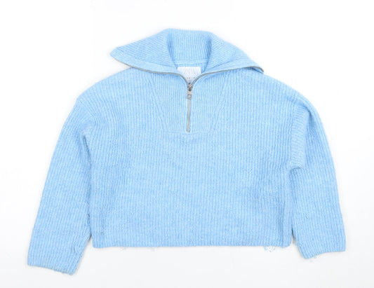 Zara Girls Blue Half Zip Wool Blend Jumper Size 9-10 Years