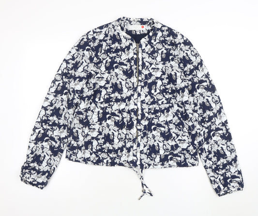 ZARA Trafaluc Women's Blue Floral Bomber Jacket Size 10 Lightweight