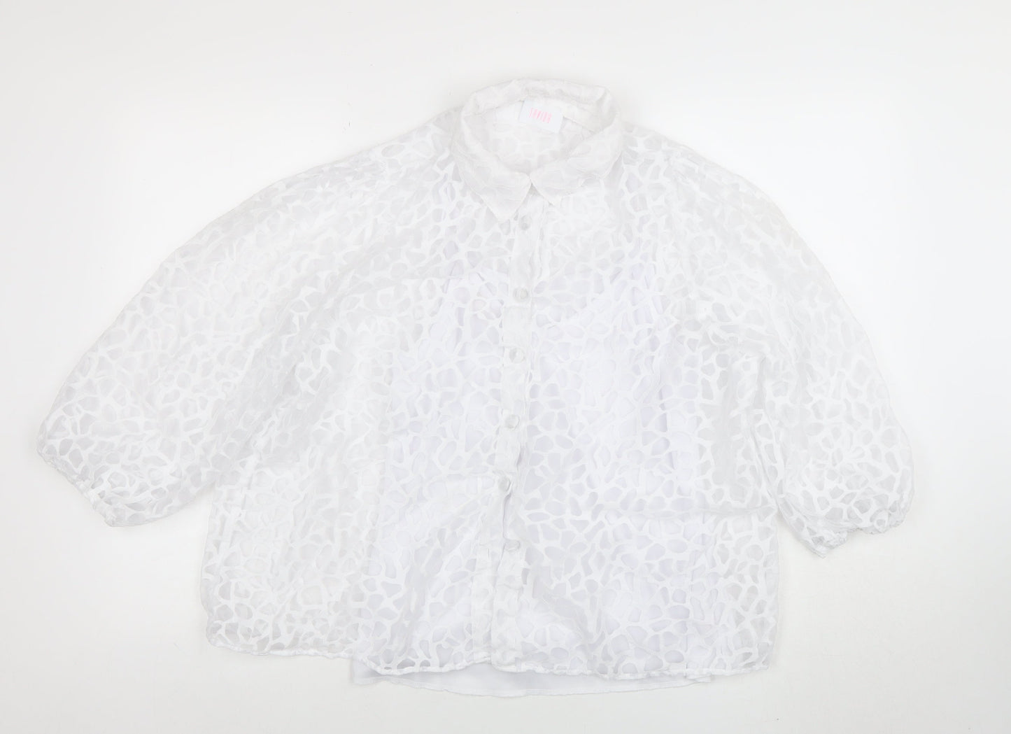 Saviion White Lace Sheer 3/4 Sleeve Collared Women's Blouse Size 14