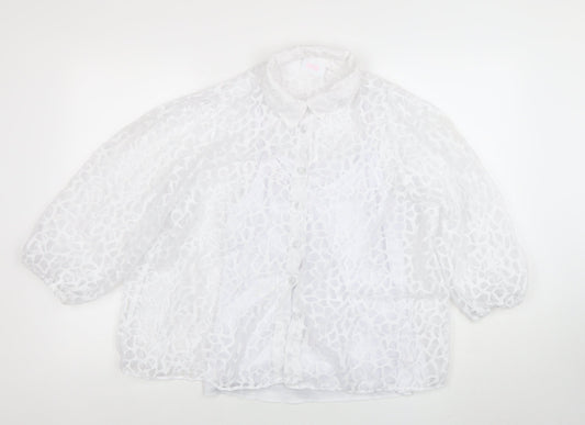 Saviion White Lace Sheer 3/4 Sleeve Collared Women's Blouse Size 14