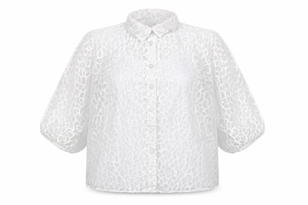 Saviion White Lace Sheer 3/4 Sleeve Collared Women's Blouse Size 14