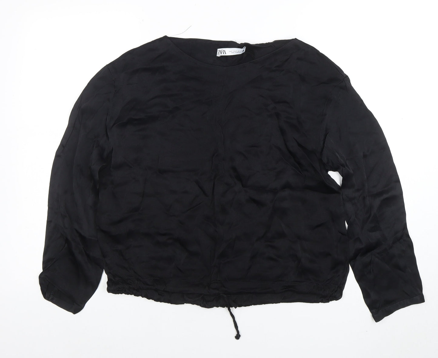 ZARA Women Black Silk Cropped Blouse Long Sleeve S