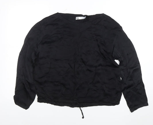 ZARA Women Black Silk Cropped Blouse Long Sleeve S