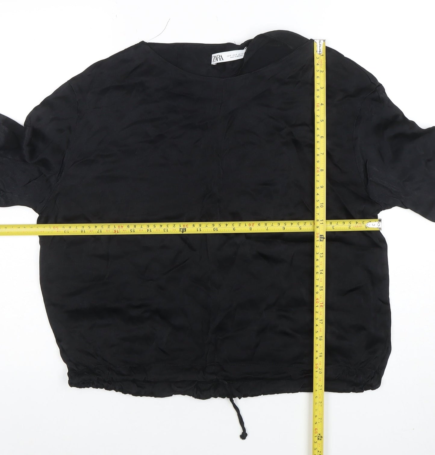 ZARA Women Black Silk Cropped Blouse Long Sleeve S