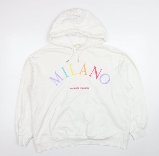 H&M Women White Milano Graphic Pullover Hoodie Size 12 Cotton Blend