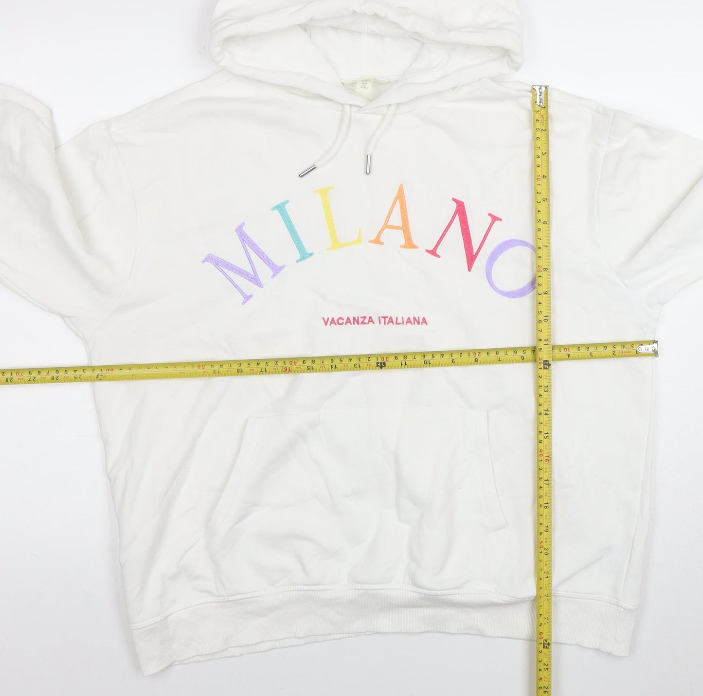 H&M Women White Milano Graphic Pullover Hoodie Size 12 Cotton Blend