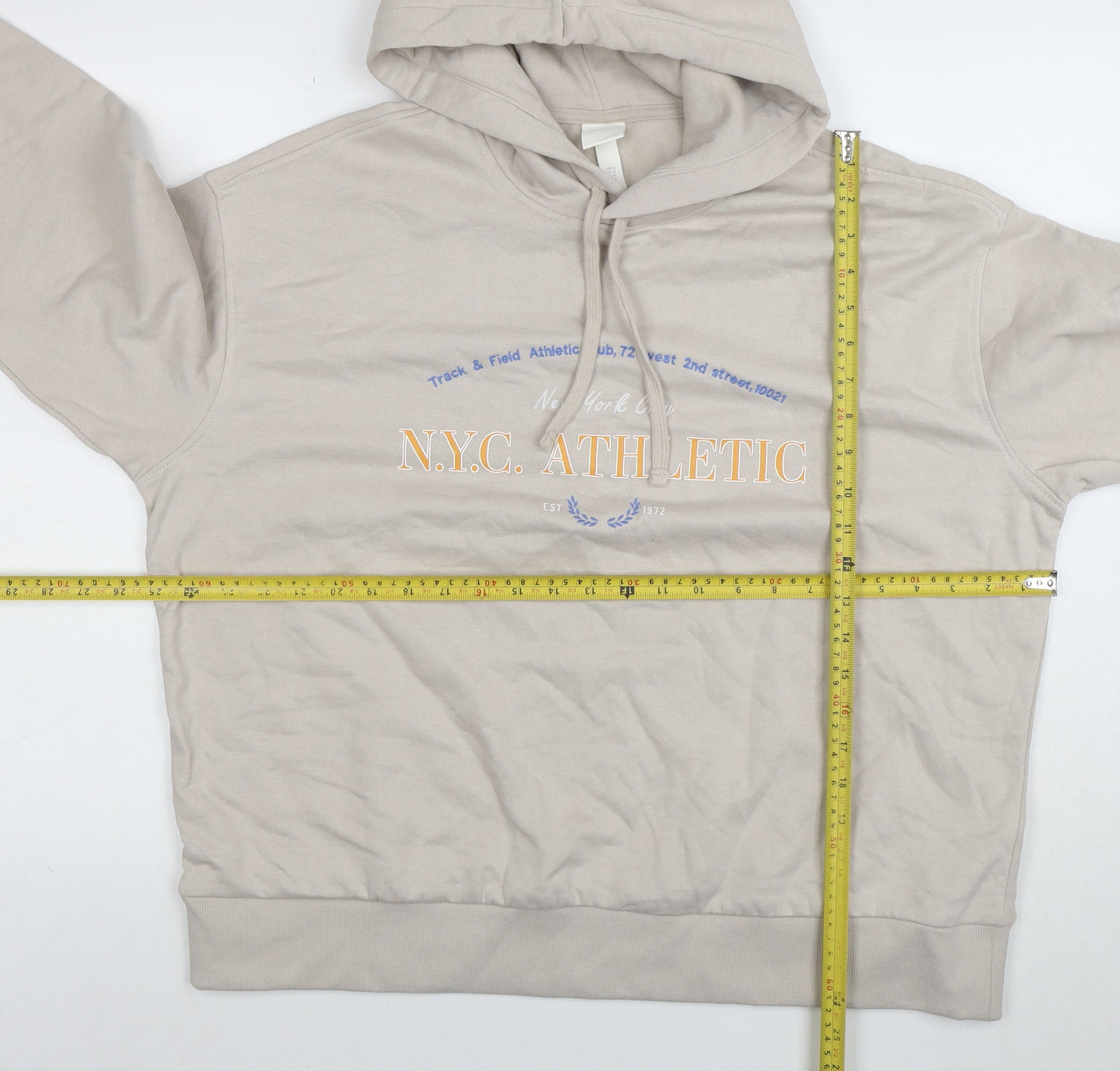 H&M Womens Beige Hoodie NYC Athletic Print Size 12 Cotton Blend