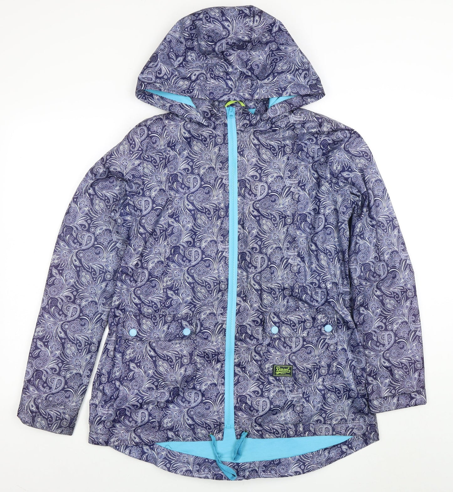 Diesel Women Blue Paisley Hooded Rain Jacket Size M