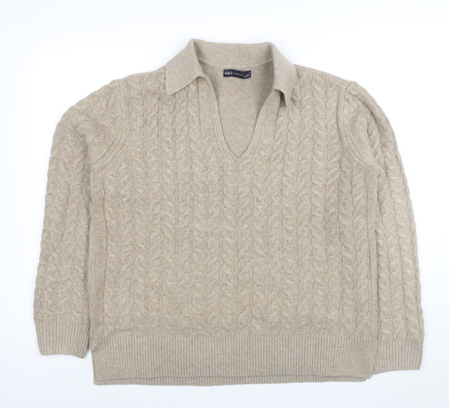 Marks and Spencer Women’s Beige Wool Blend Cable Knit V-Neck Jumper M