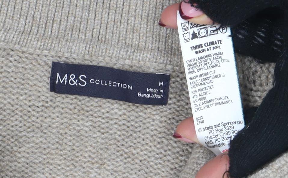 Marks and Spencer Women’s Beige Wool Blend Cable Knit V-Neck Jumper M
