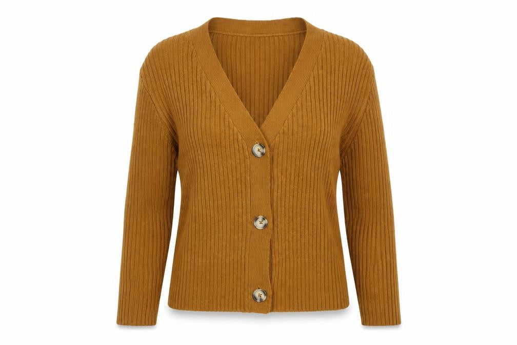 bpc bonprix collection Women's Brown Ribbed V-Neck Button Cardigan Size S