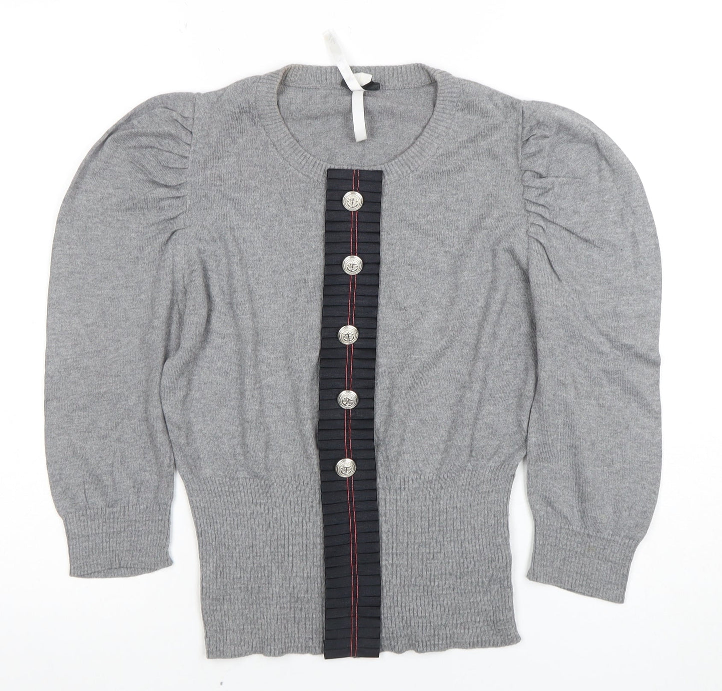 Next Women’s Grey Knit Puff Sleeve Button-Up Jumper Size 10