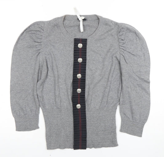 Next Women’s Grey Knit Puff Sleeve Button-Up Jumper Size 10