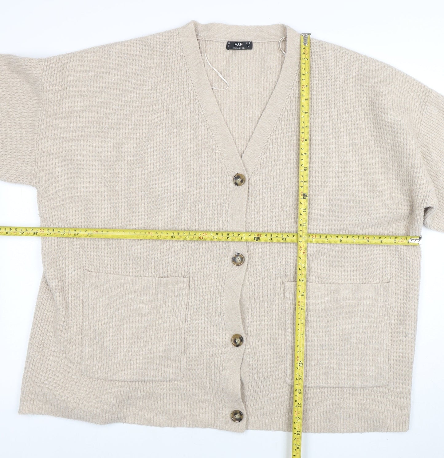 F&F Women’s Beige Wool Blend V-Neck 3/4 Sleeve Cardigan Size L