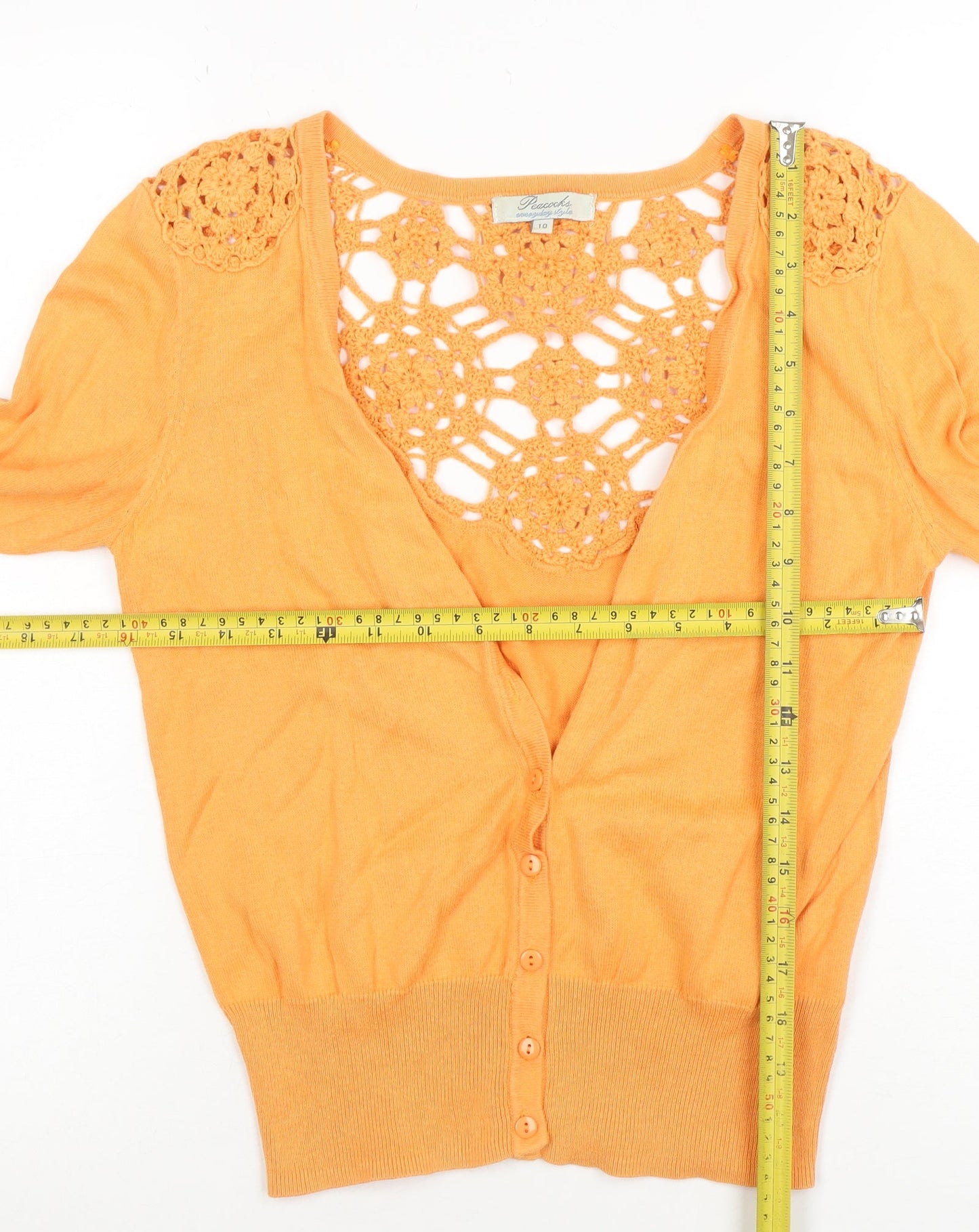 Peacocks Women Orange Crochet Cardigan Size 10 Cotton Knit